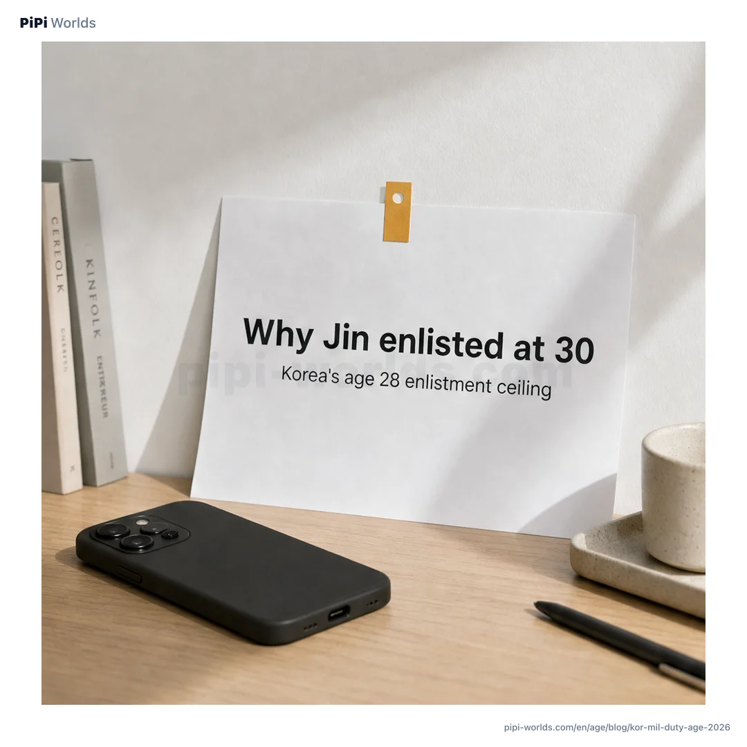 Olive-and-navy gradient card with PiPi mascot and giant '18 → 40' numbers — English market cover for the Korean conscription duty post.