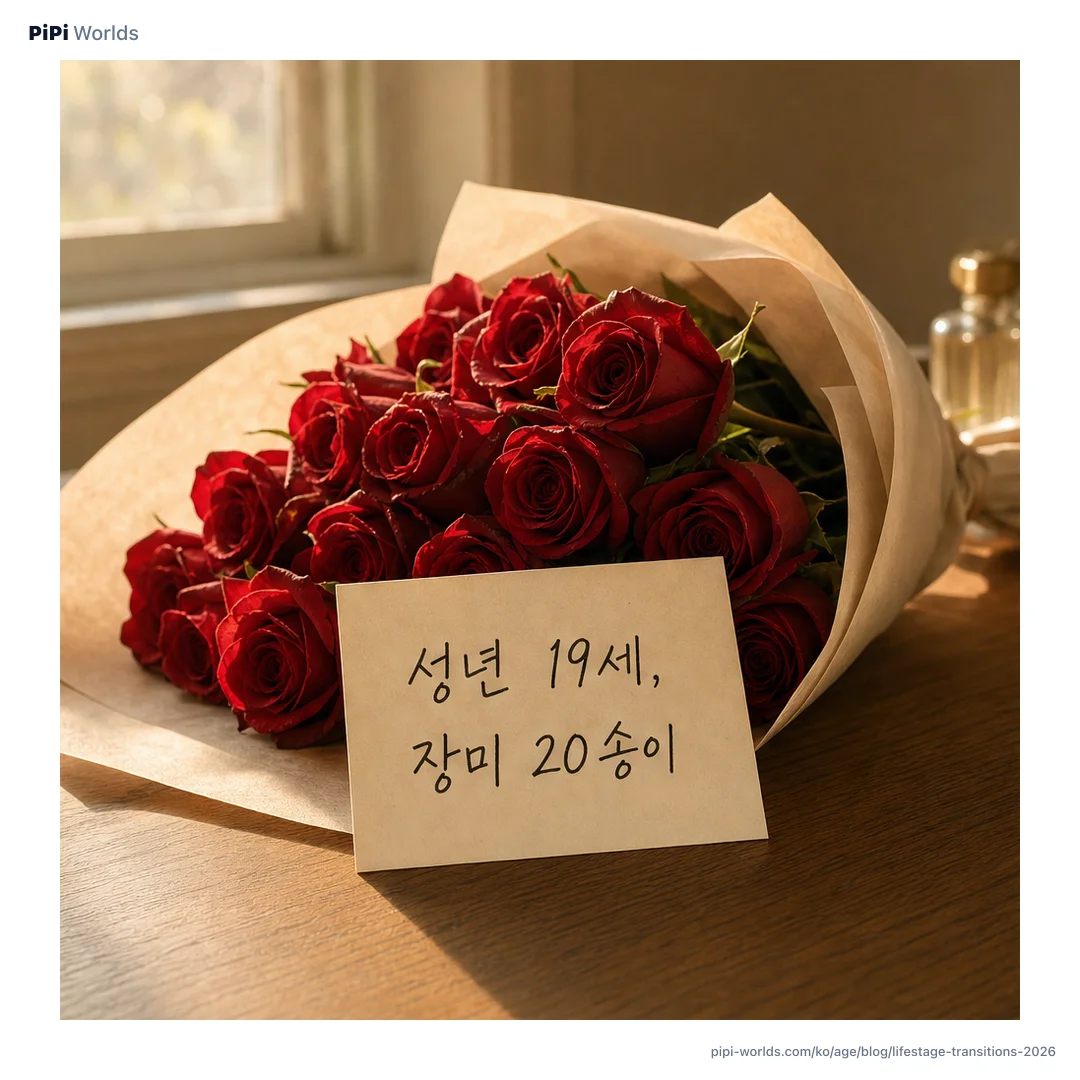 코랄·피치 그라디언트 배경 위에 PiPi 마스코트와 '성년의 날 만 19세' 큰 글자가 놓인 한국 시장용 카드.