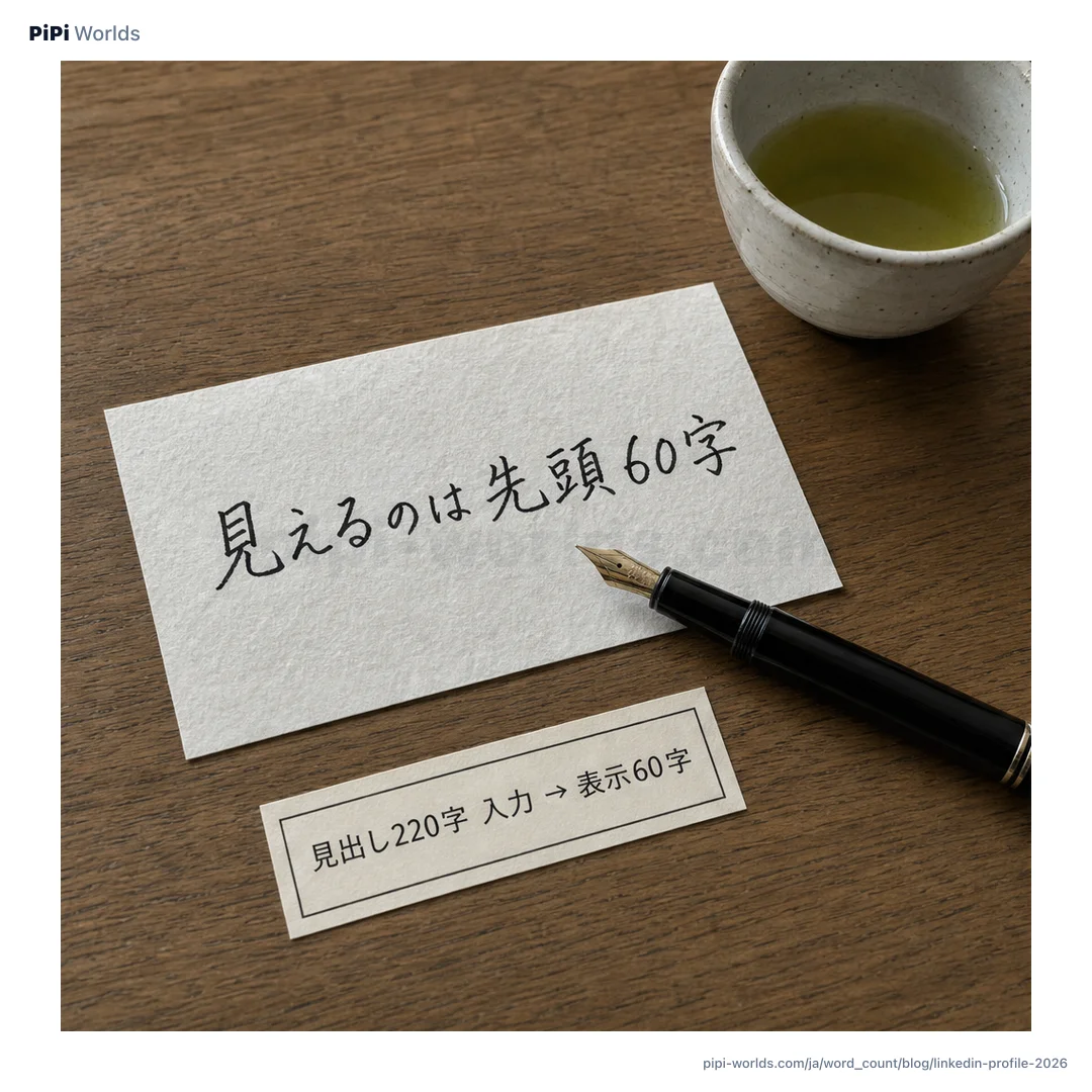 藍と青と金のグラデーションに「220」「2,600」が並ぶLinkedInプロフィール文字数カード。
