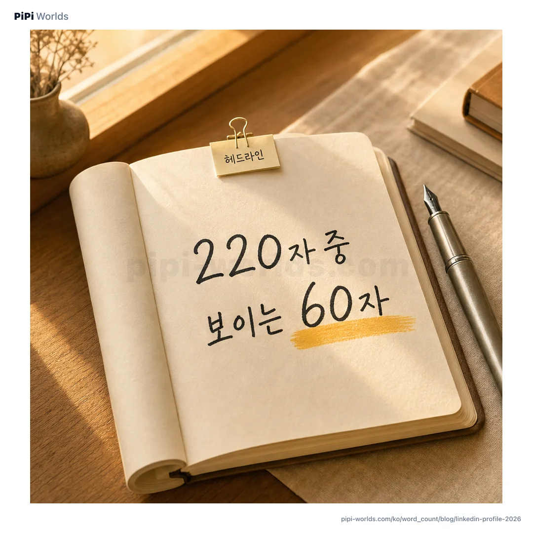 코랄·피치 그라디언트 위에 '220'과 '2,600' 두 큰 숫자가 놓인 LinkedIn 프로필 글자수 카드.