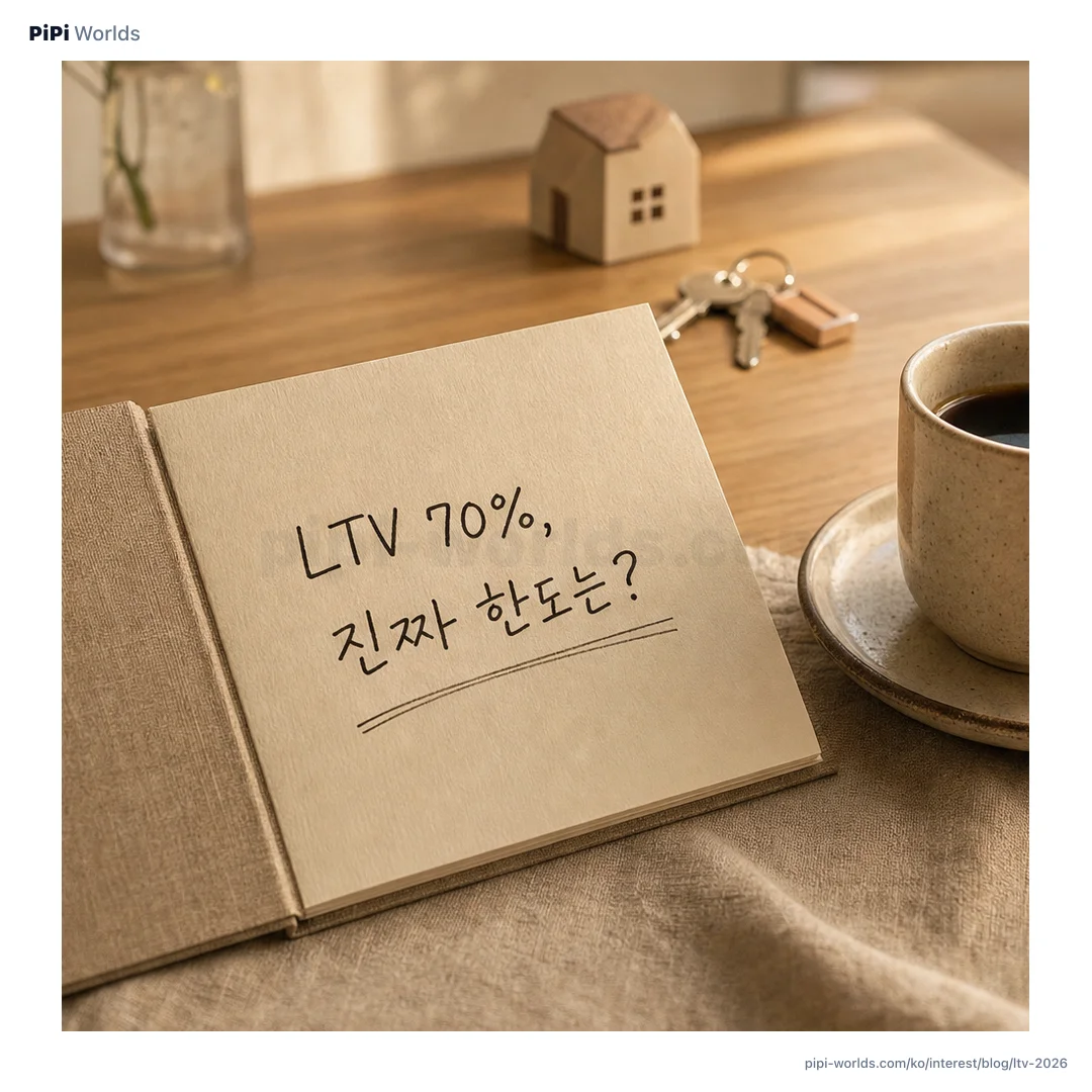 코랄·피치 그라디언트 배경 위에 PiPi 마스코트와 'LTV 70%' 큰 숫자가 놓인 한국 시장용 카드.