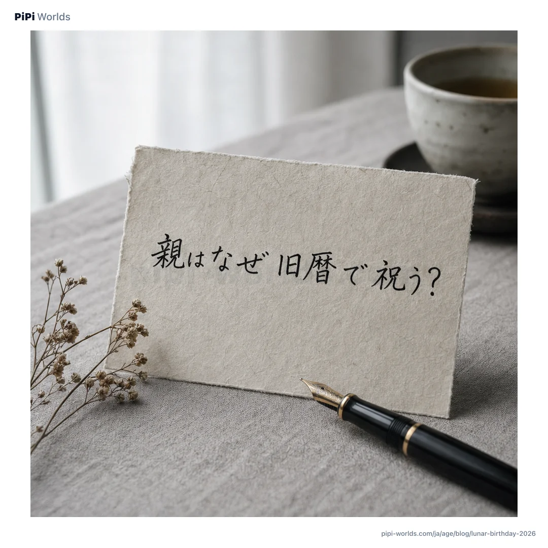 深い藍色とゴールドのグラデーション背景に PiPi マスコットと『旧暦·新暦』の大きな文字が配置された日本市場向けカード。