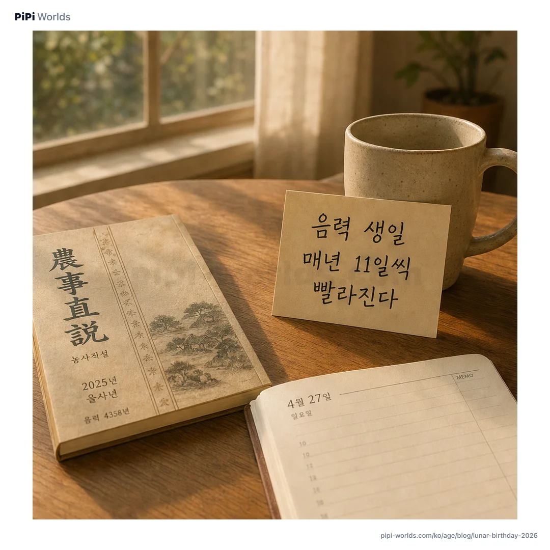 남색·금색 그라디언트 배경 위에 PiPi 마스코트와 '음력·양력' 큰 글자가 놓인 한국 시장용 카드.