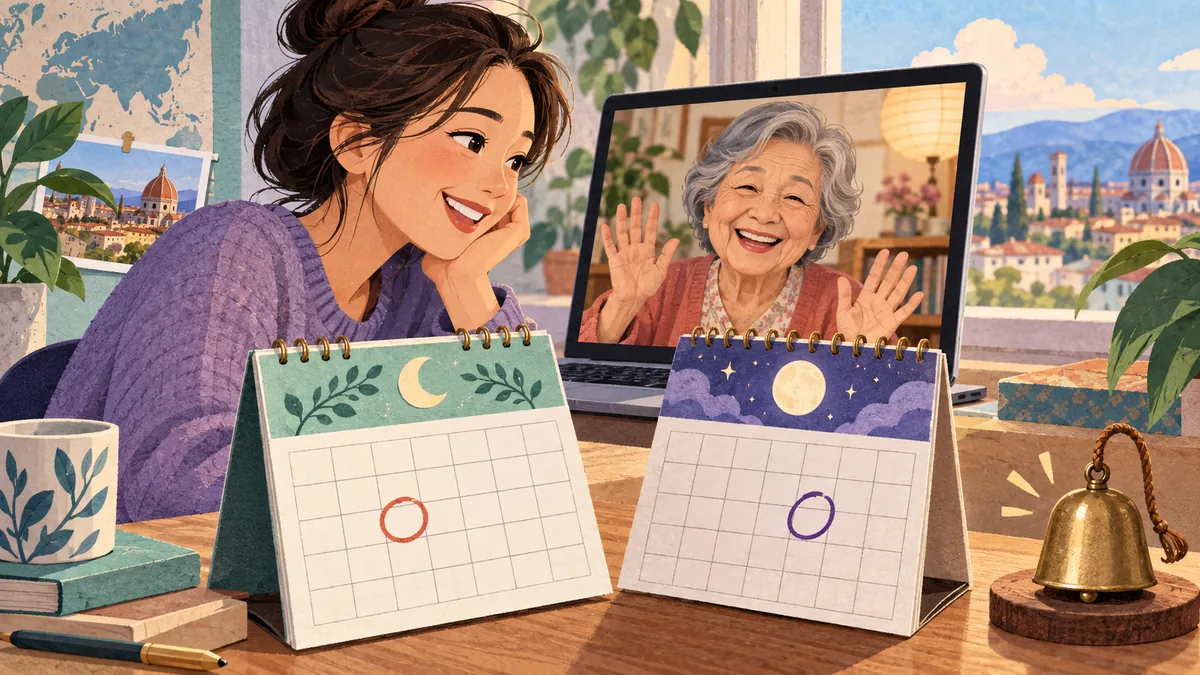 AI-generated editorial illustration of a family video call, two blank calendars with different circled days, and a separate reminder bell; not an app screenshot.