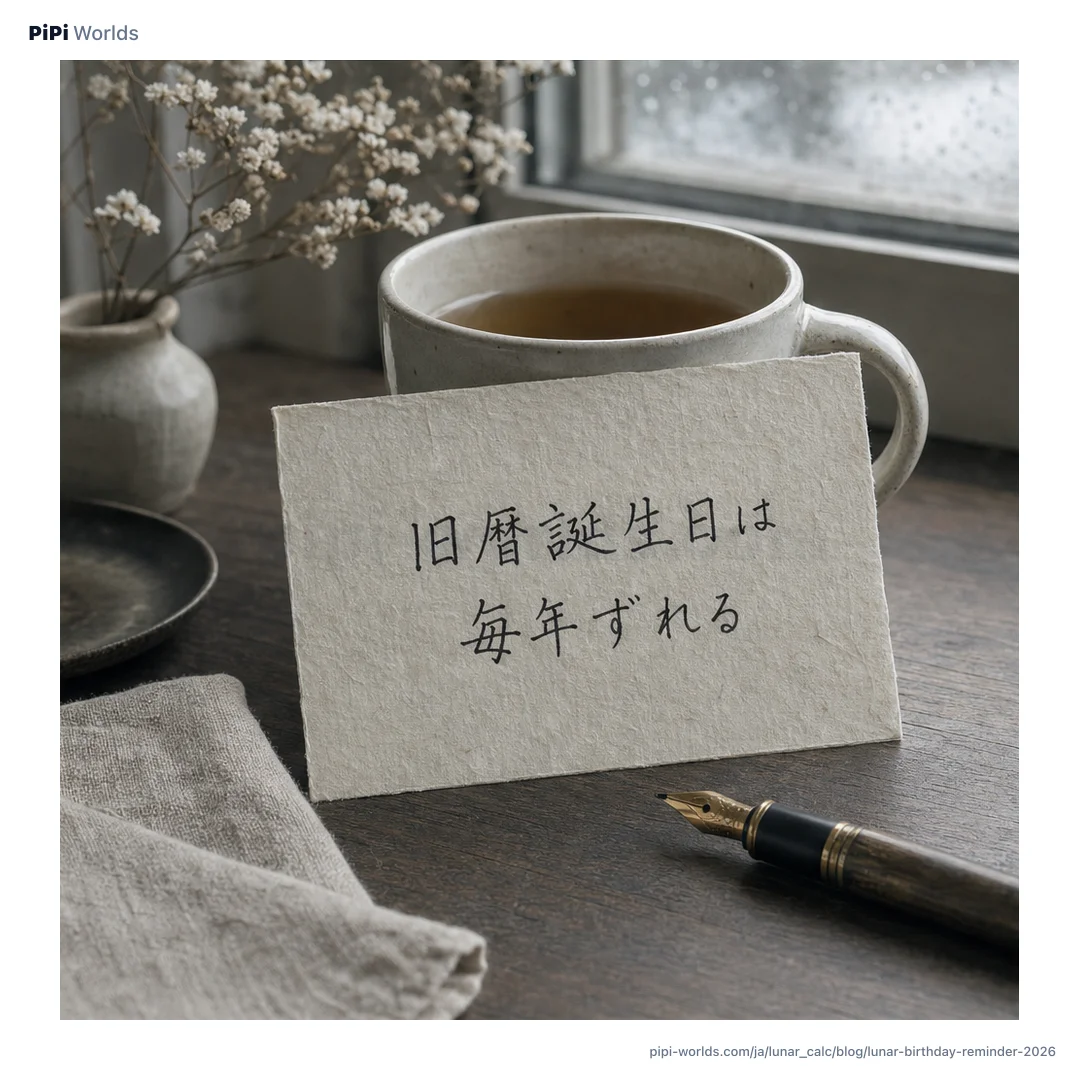 藍と青と金のグラデーションに「旧暦リマインダー」と書かれた日本市場向けカレンダー設定カード。