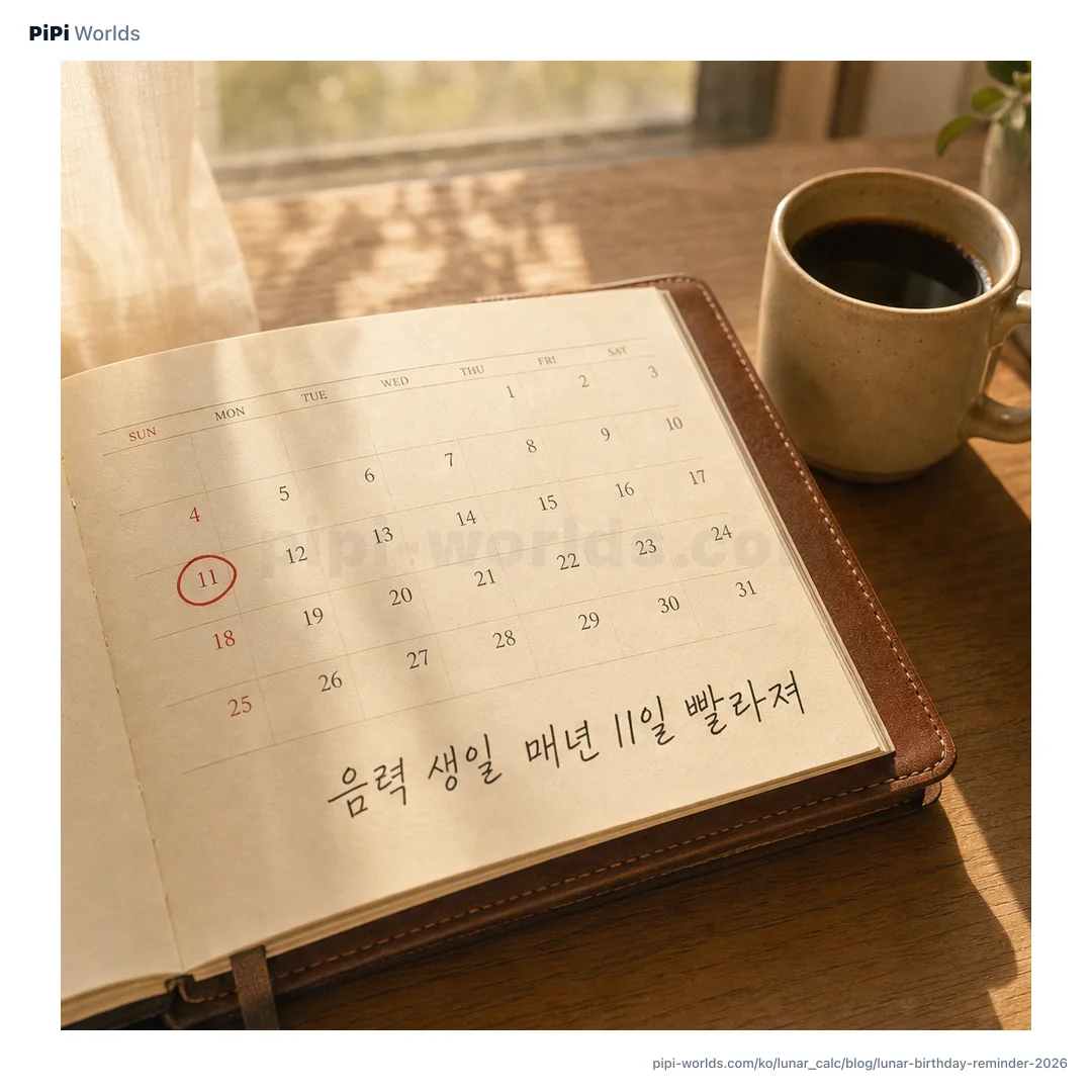 코랄·피치 그라디언트 위에 '음력 생일 알림' 큰 글자가 놓인 한국 시장용 캘린더 셋업 카드.