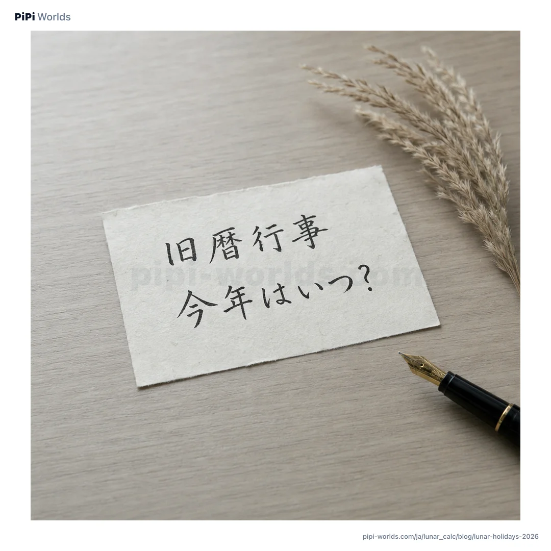 藍と青と金のグラデーションに「旧正月 2/17」「中秋 9/25」が並ぶ2026年旧暦行事カレンダーカード。
