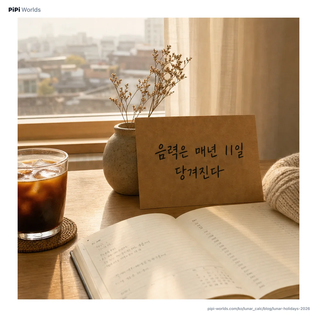 코랄·피치 그라디언트 위에 '설날 2/17'과 '추석 9/25' 두 큰 날짜가 놓인 한국 음력 명절 캘린더 카드.