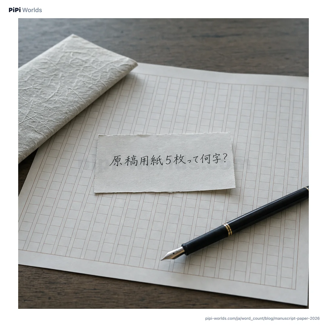 藍·青·金のグラデーションに400字詰原稿用紙のマス目と枚数換算表が並ぶカード。