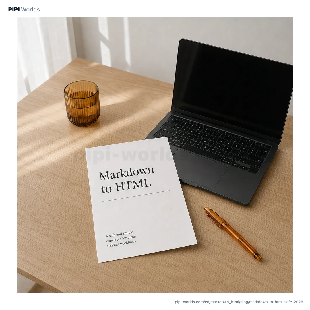 A developer-style cover on a coral background with the large words 'Markdown to HTML' beside cards for tables, sanitize, line breaks, and copying source.