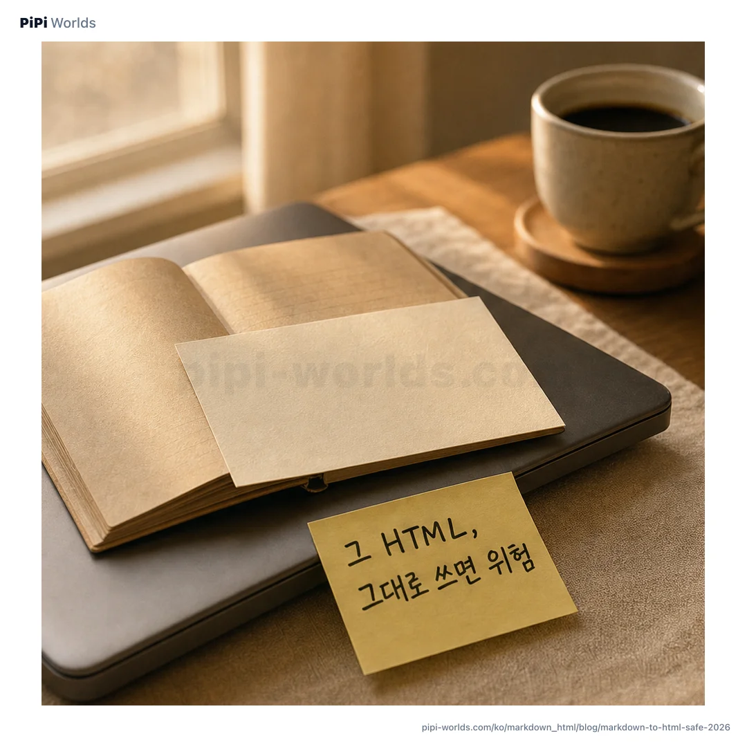 코랄빛 배경 위에 'Markdown → HTML'이라는 큰 글자와 표 변환·정화·줄바꿈·소스 복사 카드가 놓인 개발자용 표지 이미지.