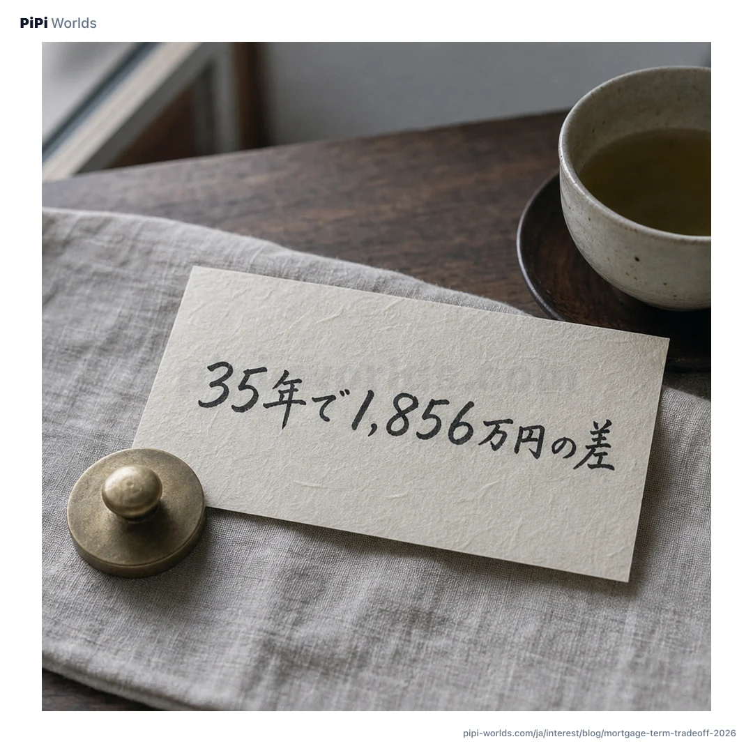 深い藍色とゴールドのグラデーション背景に PiPi マスコットと『フラット35 vs 変動』が大きく配置された日本市場向けカード。