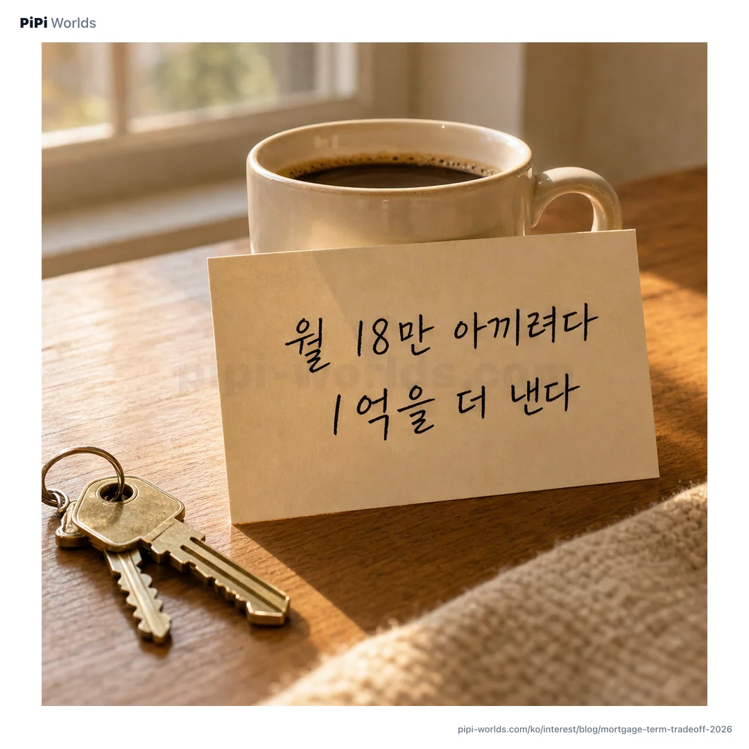 코랄·피치 그라디언트 배경 위에 PiPi 마스코트와 '30년 vs 40년 주담대' 큰 숫자가 놓인 한국 시장용 카드.