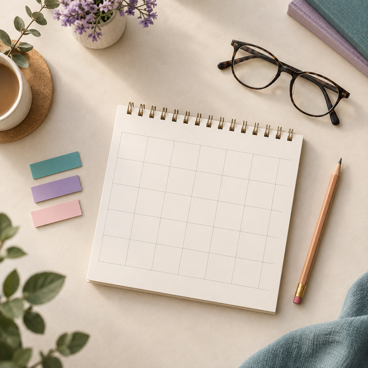 AI-generated editorial still life of a blank calendar, eyeglasses and colored paper tabs; not a Social Security document, account screen or real claimant.