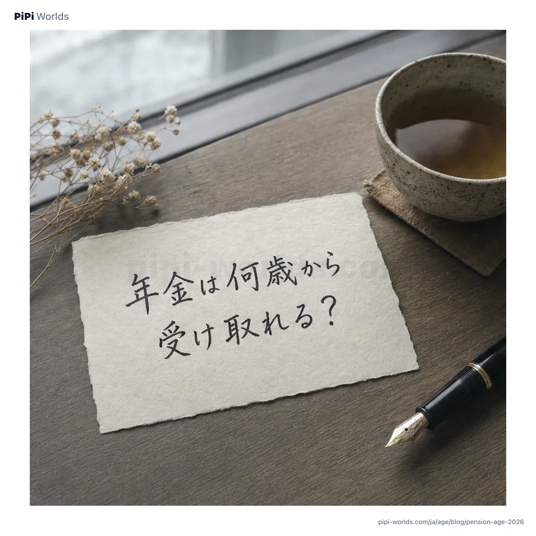藍色と金色のグラデーション背景にPiPiマスコットと『公的年金 65歳』の大きな文字が並ぶ日本市場向けカード。