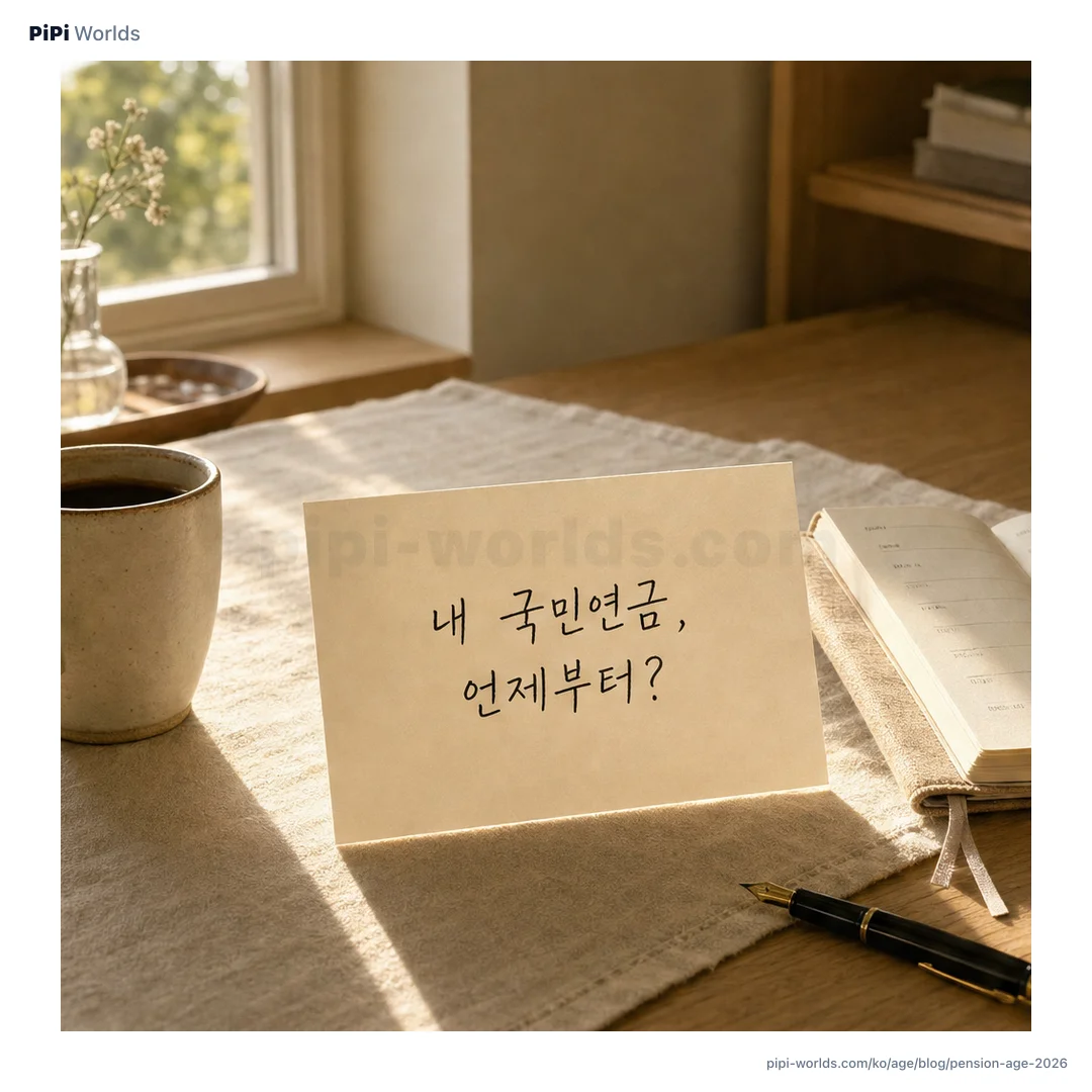 코랄·피치 그라디언트 배경 위에 PiPi 마스코트와 '국민연금 만 65세' 큰 글자가 놓인 한국 시장용 카드.