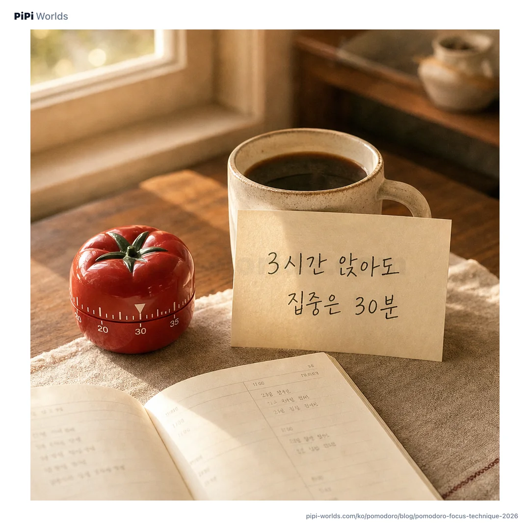 인디고빛 배경 위에 '25분 집중'이라는 큰 글자와 원형 타이머, 토마토 모양 아이콘이 놓인 뽀모도로 집중법 표지 이미지.