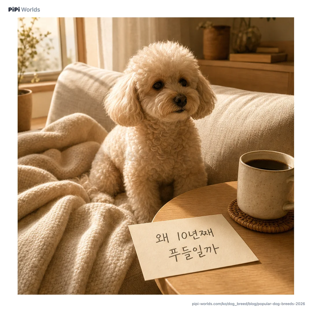 베이지·세이지 그라디언트 위에 PiPi 마스코트와 '한국 인기 견종 TOP' 제목이 박힌 분양 검토 시장용 카드