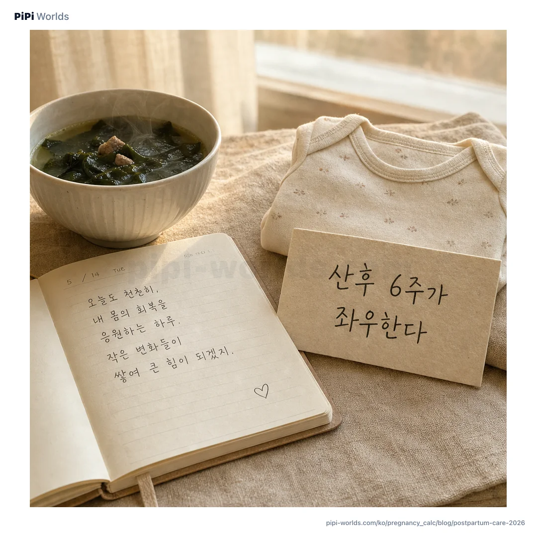 라벤더·코랄 그라디언트 위에 PiPi 마스코트와 '산후조리 6주 가이드' 제목이 박힌 한국 산모용 카드.