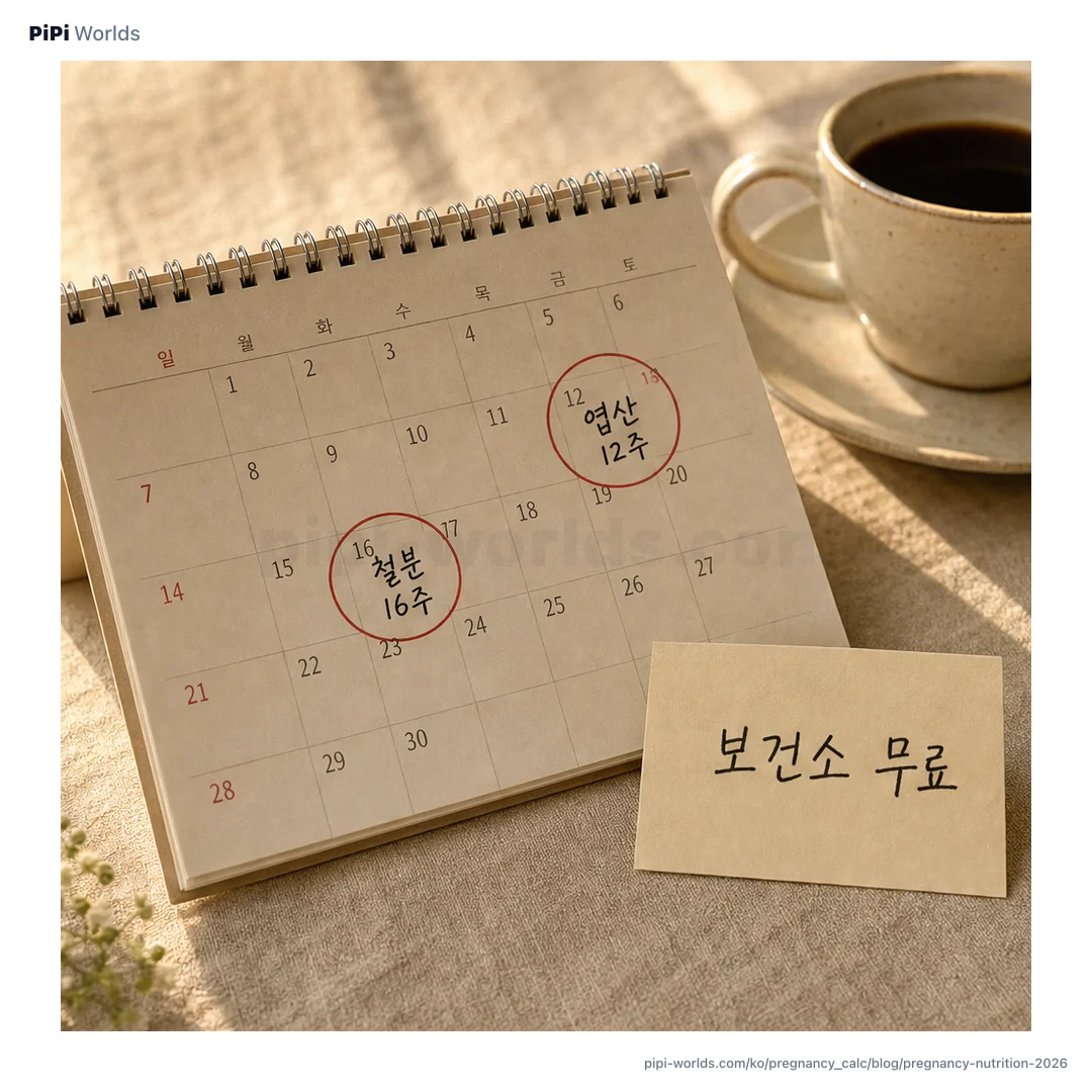 코랄·민트 그라디언트 위에 PiPi 마스코트와 '임산부 영양 가이드' 제목이 박힌 한국 산모용 카드.