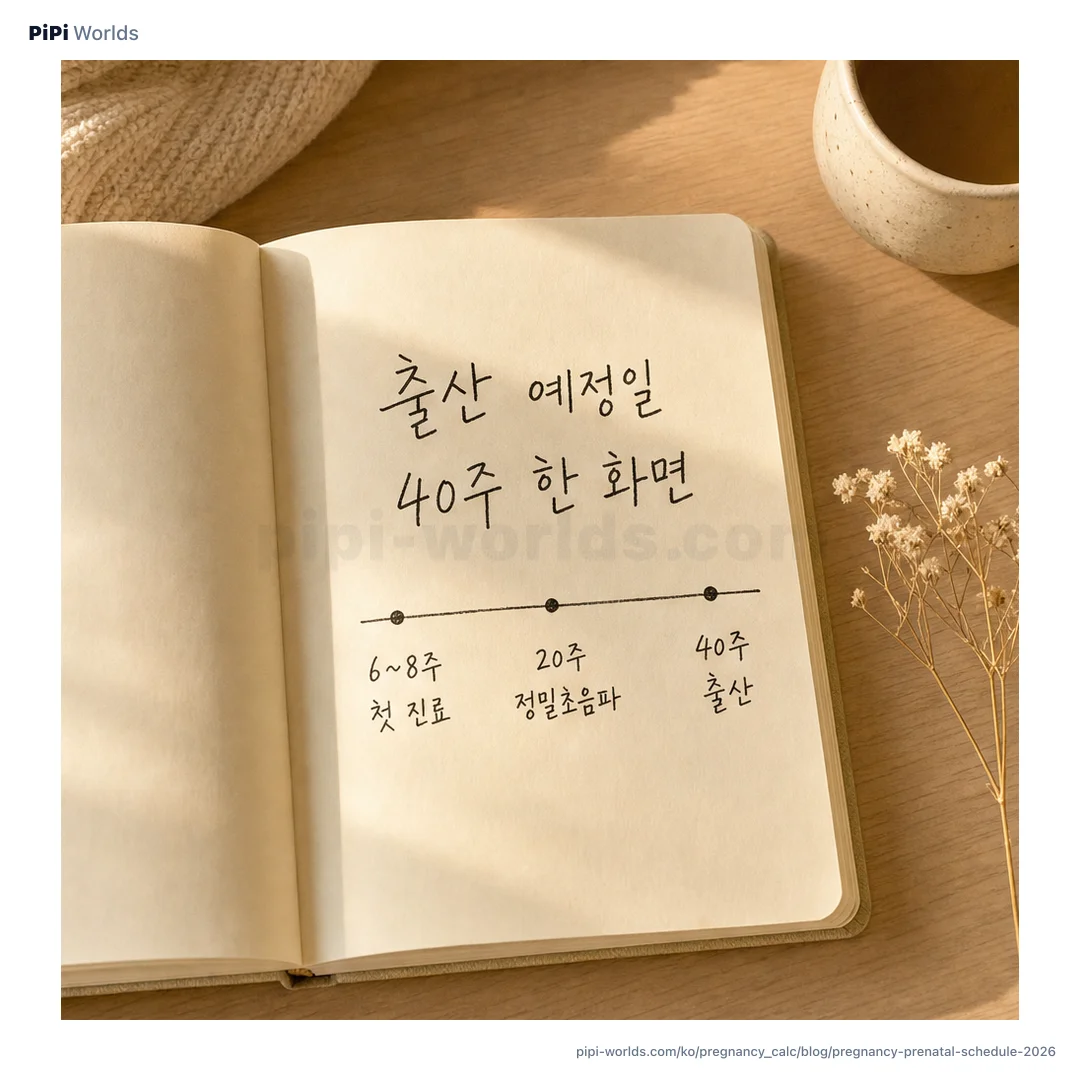 파스텔 핑크·민트 그라디언트 위에 PiPi 마스코트와 '출산 예정일 + 40주 산전검사' 제목이 박힌 한국 임산부 시장용 카드.