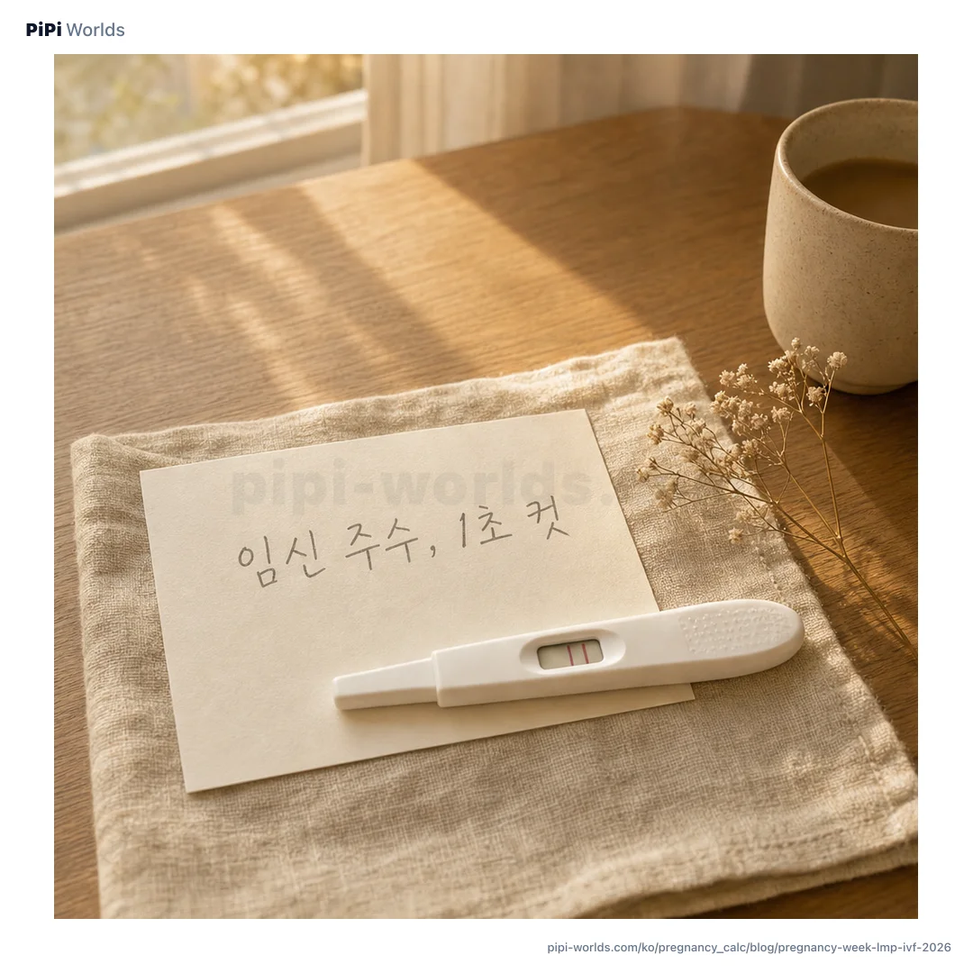 라벤더·민트 그라디언트 위에 PiPi 마스코트와 '임신 주수 1초 계산' 제목이 박힌 한국 임산부 시장용 카드.