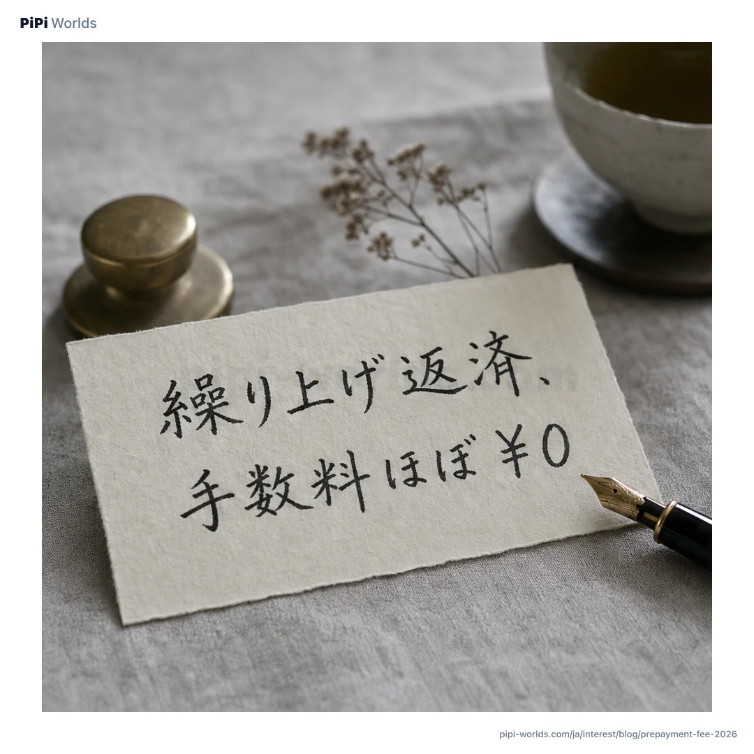 深い藍色とゴールドのグラデーション背景に PiPi マスコットと『繰り上げ返済 期間短縮 vs 軽減』が大きく配置された日本市場向けカード。