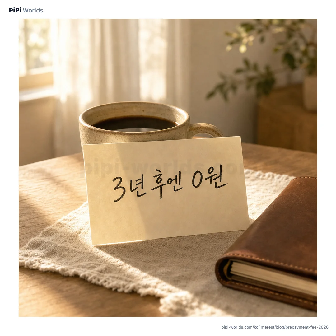 코랄·피치 그라디언트 배경 위에 PiPi 마스코트와 '중도상환수수료 1.2%' 큰 글자가 놓인 한국 시장용 카드.