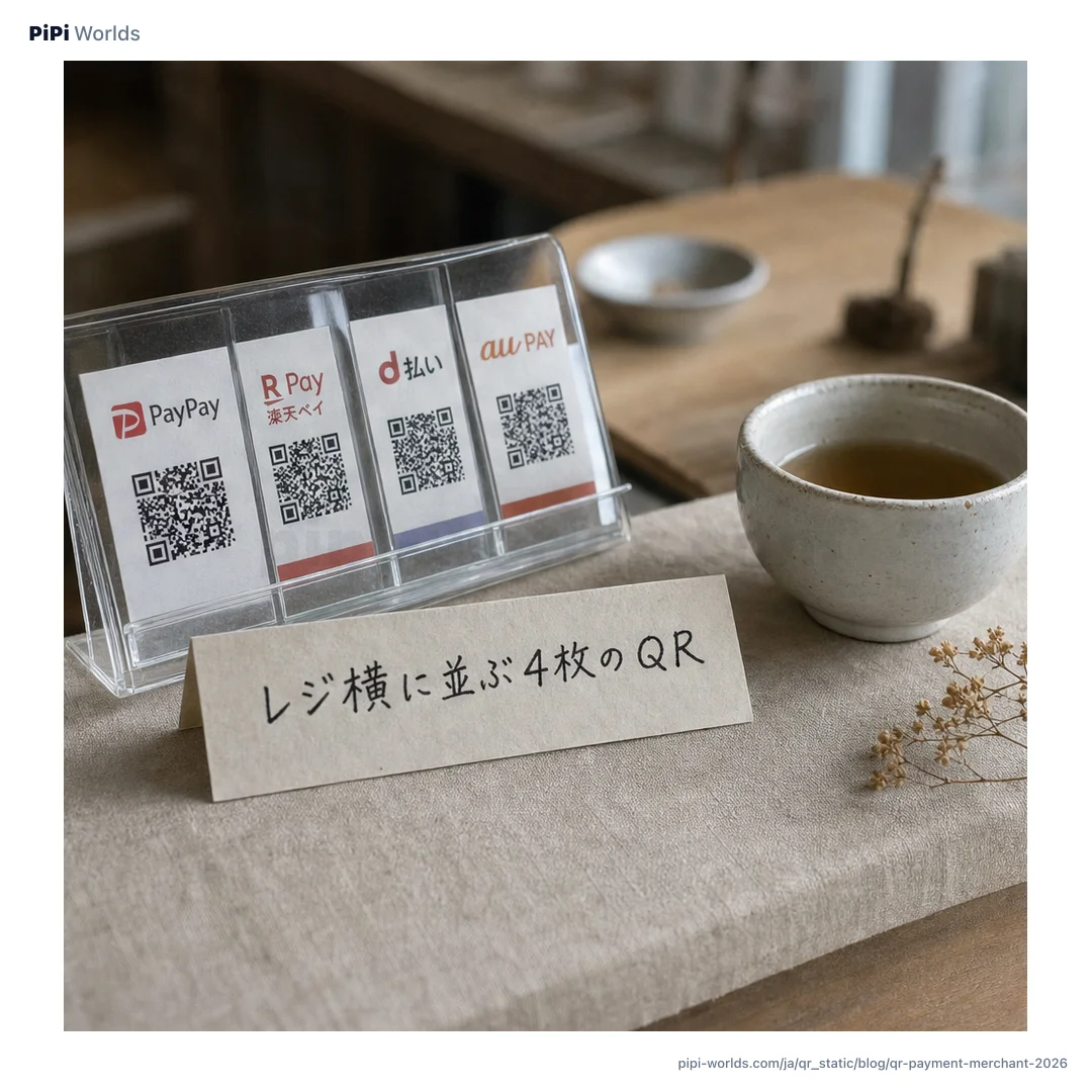 インディゴとブルーのグラデーションにPiPiマスコットと「QR決済 5社比較」のタイトルが入った日本の個人事業主向けカード。