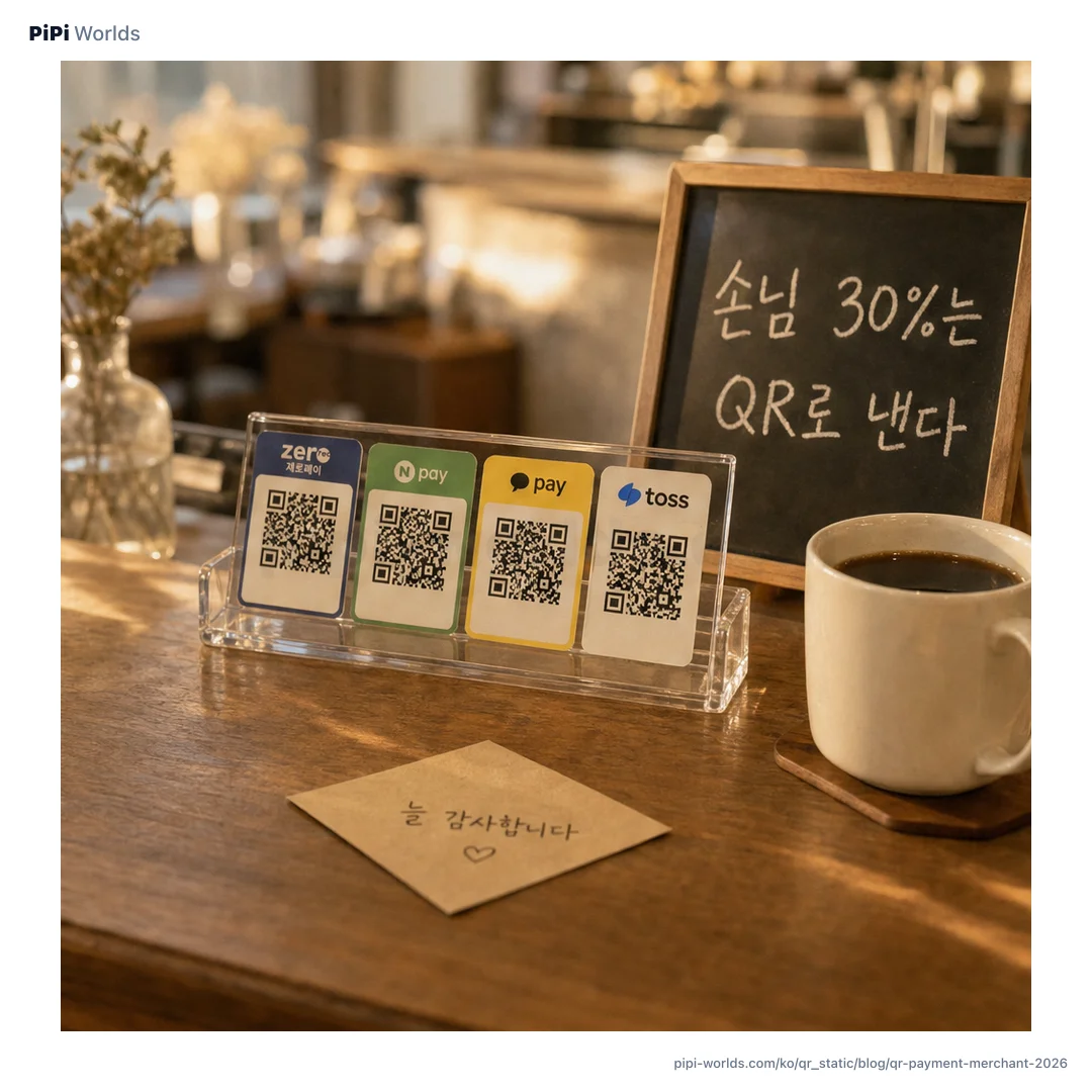 코랄·바이올렛 그라디언트 위에 PiPi 마스코트와 'QR 결제 가맹점 4종 비교' 제목이 박힌 한국 자영업자용 카드.
