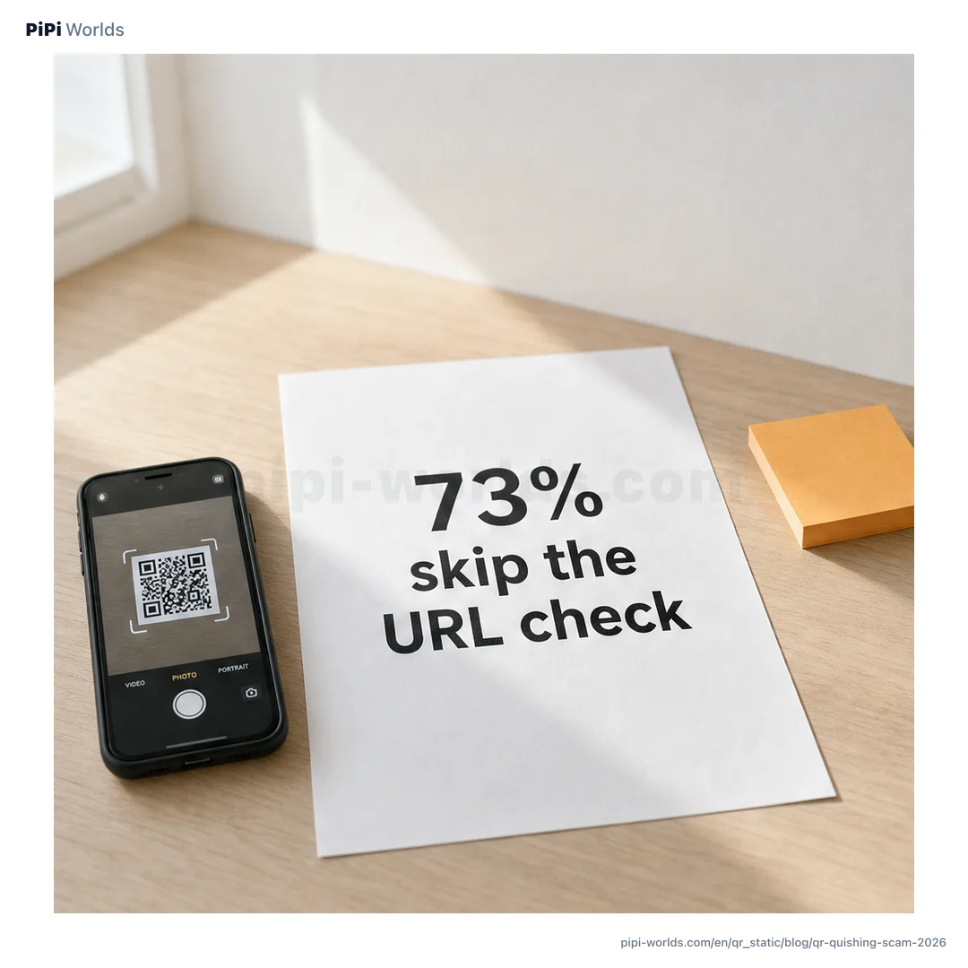 A deep indigo and violet card with the PiPi mascot eyeing a suspicious QR code, titled "Quishing — QR Scam Guide" for U.S. readers.