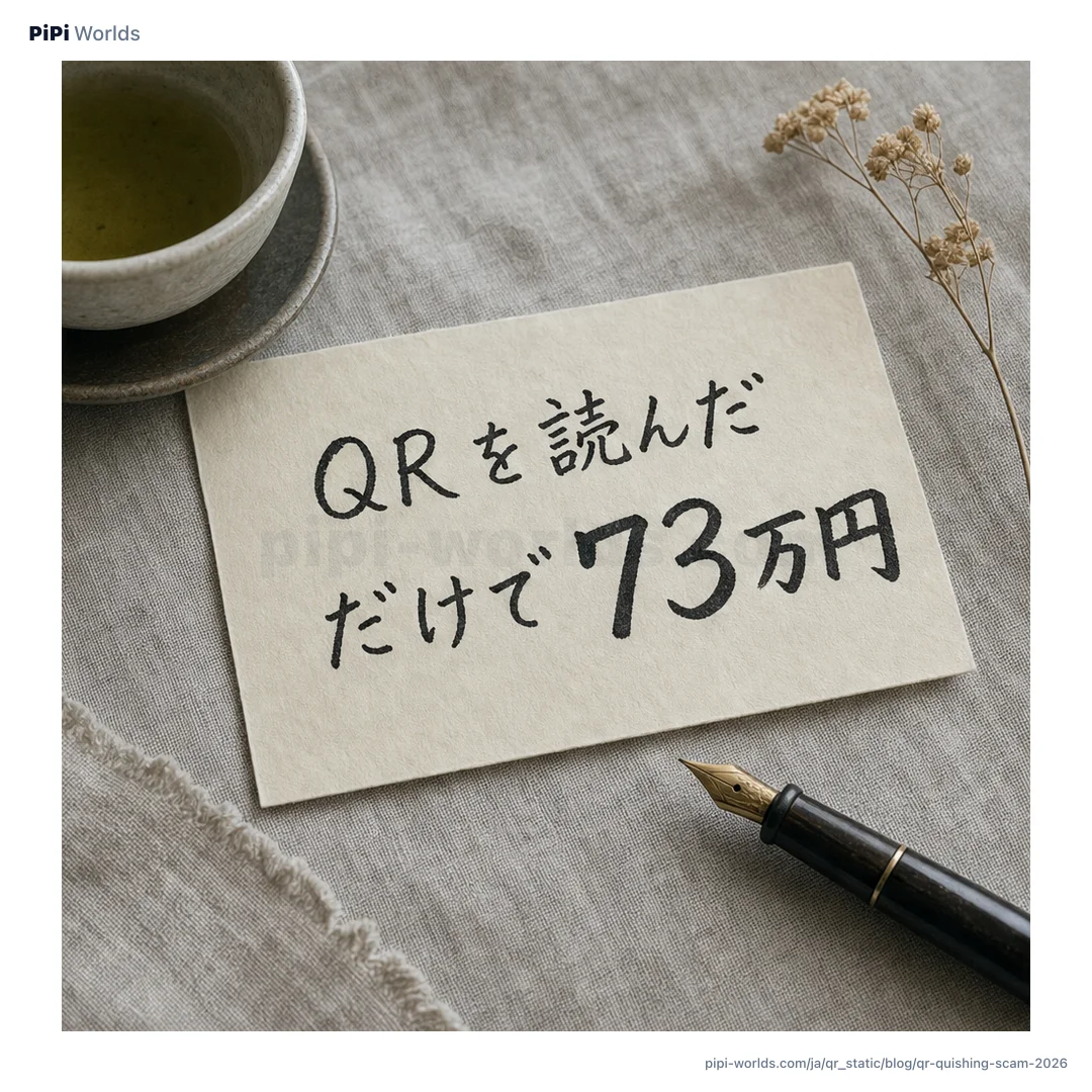 群青と藍のグラデーションにPiPiマスコットが警戒の表情で「QR詐欺 クイッシング」を見ている日本の利用者向けカード。