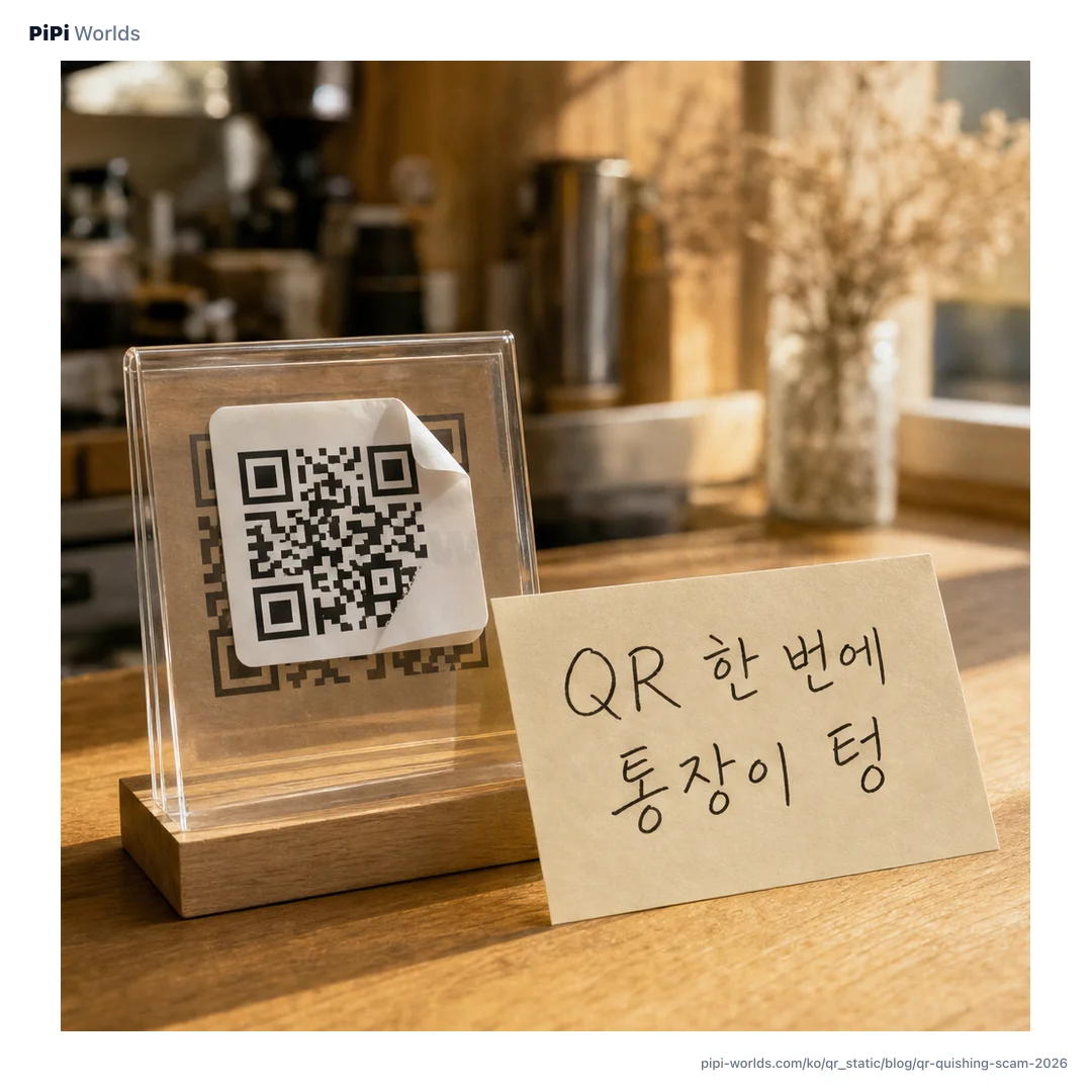 인디고와 자홍색 그라디언트 위에 PiPi 마스코트가 경계 표정으로 'QR 사기 큐싱' 글자를 보고 있는 카드.