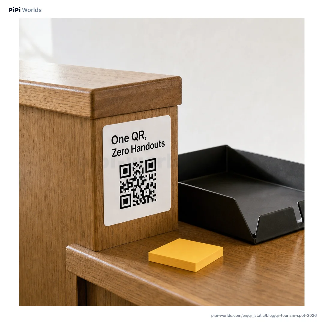 A teal and amber gradient with a Pacific Northwest trail silhouette and the PiPi mascot, titled "QR for Visitor Sites" for U.S. tourism operators.
