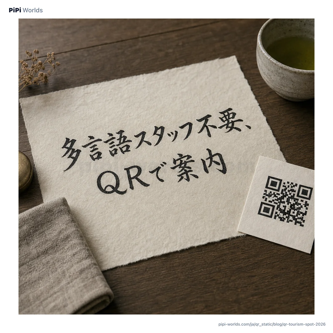 群青と金色のグラデーションに鳥居のシルエットとPiPiマスコット、「観光地QR案内」のタイトルが入った日本の観光運営者向けカード。