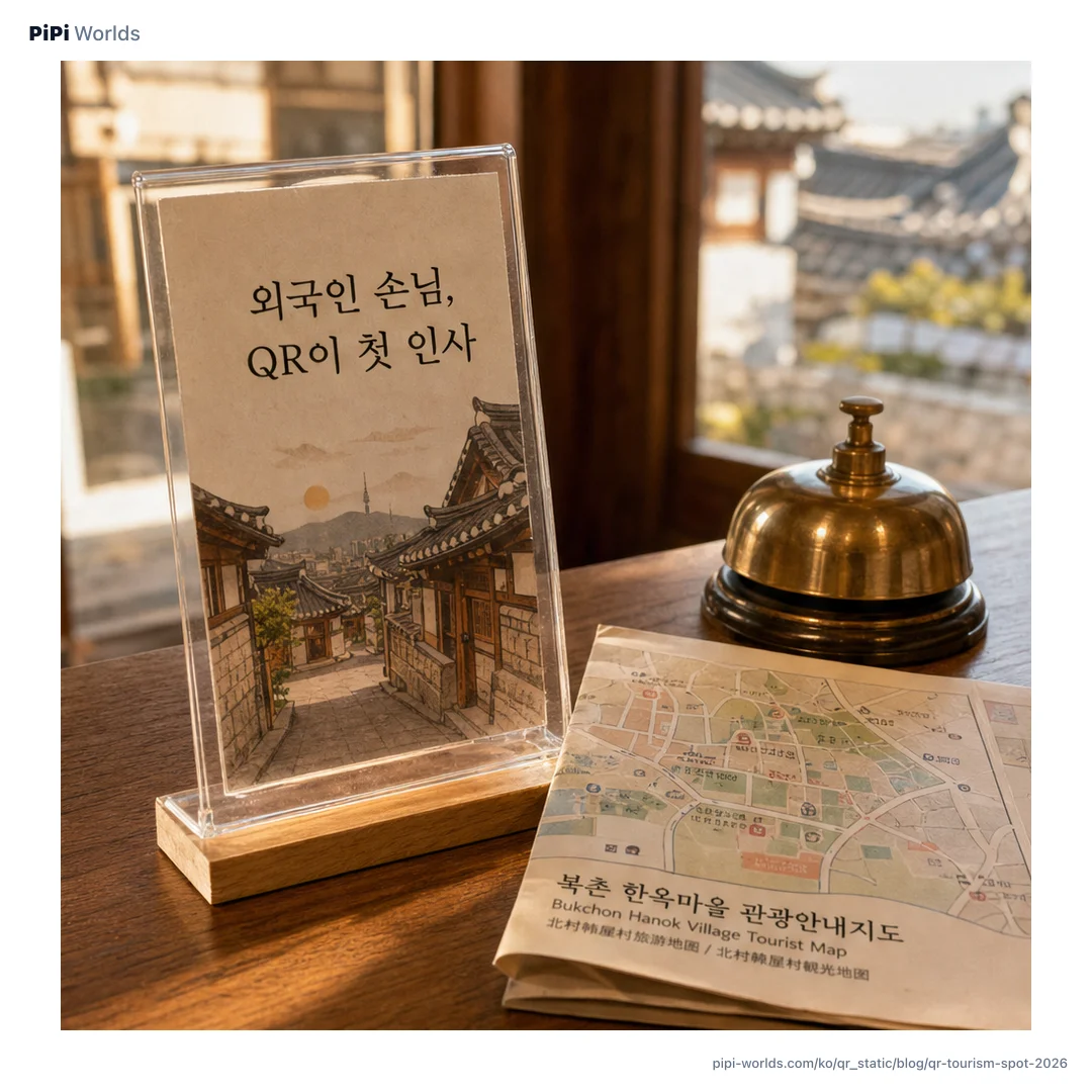 코랄과 골드 그라디언트 위에 PiPi 마스코트와 한옥 실루엣, '관광지 QR 안내' 타이틀이 박힌 한국 관광 운영자용 카드.