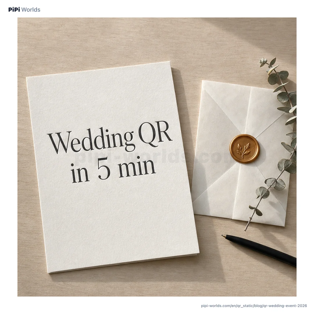 A peach and coral gradient card with the PiPi mascot and a 'Wedding QR in 5 min' headline for the global market.