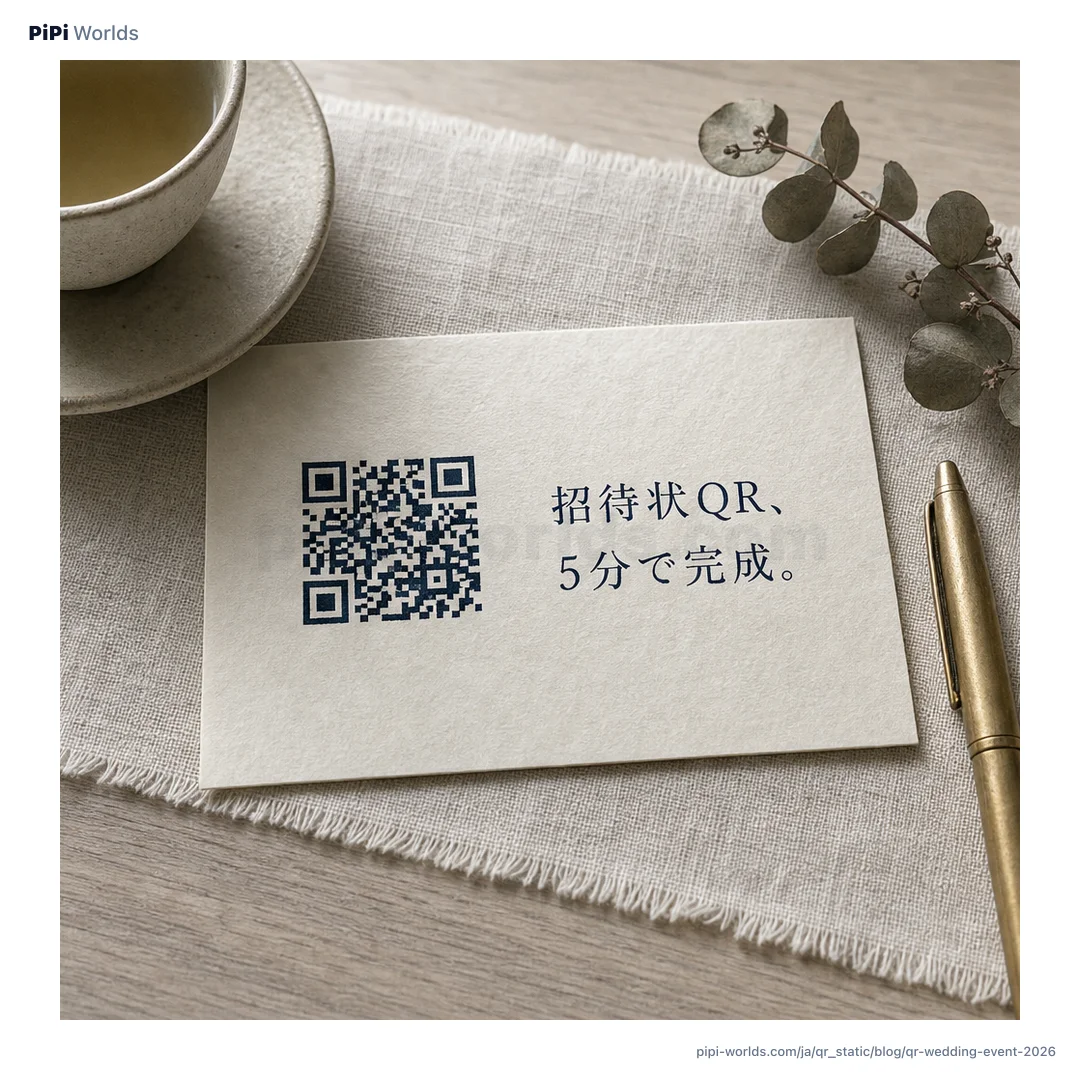ピーチとコーラルのグラデーションにPiPiマスコットと「招待状QR 5分」のタイトルが入った日本市場向けカード。