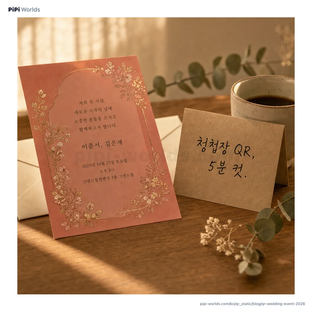 코랄·피치 그라디언트 위에 PiPi 마스코트와 '청첩장 QR 5분' 제목이 박힌 한국 결혼식 시장용 카드.