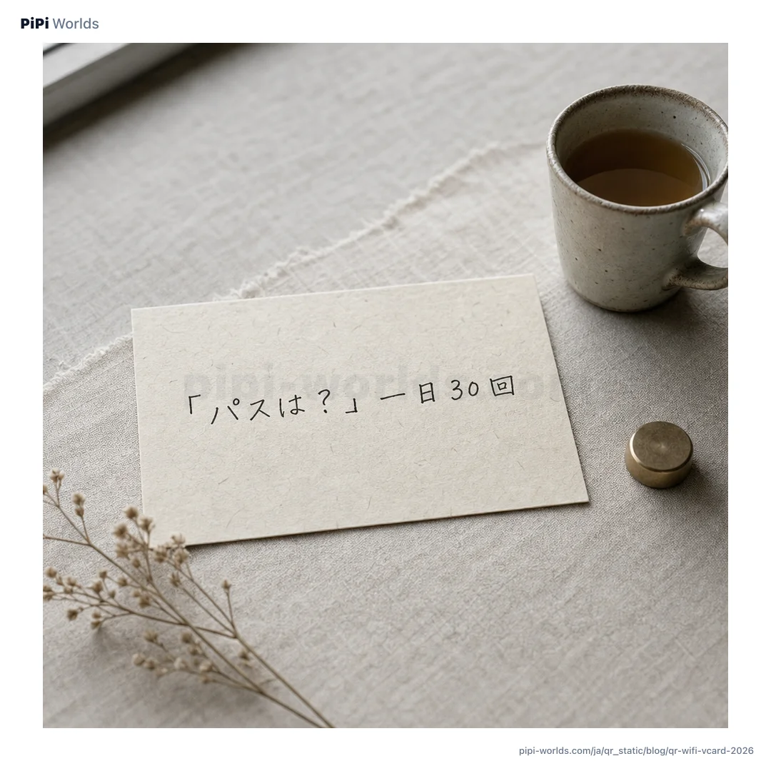 ミント・アイボリーのグラデーション上に PiPi マスコットと「店舗Wi-Fi QR 5分」のタイトルが配された日本中小店舗向けカード。
