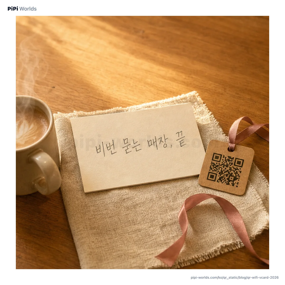민트·아이보리 그라디언트 위에 PiPi 마스코트와 '매장 와이파이 QR 5분' 제목이 박힌 한국 자영업자용 카드.