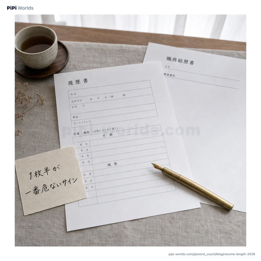 藍と青と金のグラデーションに「1枚」「2枚」が並ぶ履歴書と職務経歴書のページ数カード。