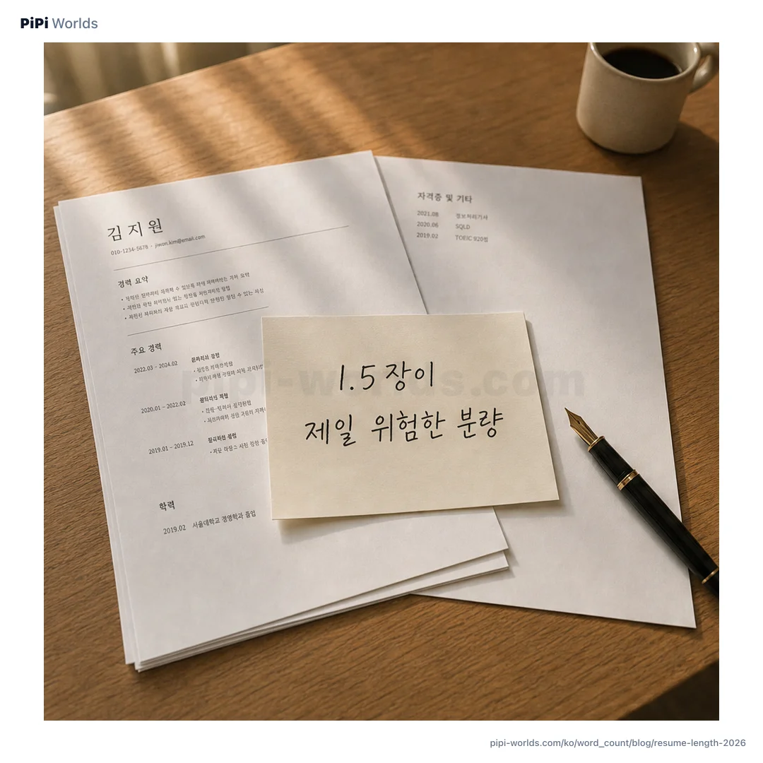 코랄·피치 그라디언트 위에 '1장'과 '2장' 두 큰 숫자가 놓인 한국 이력서 분량 카드.