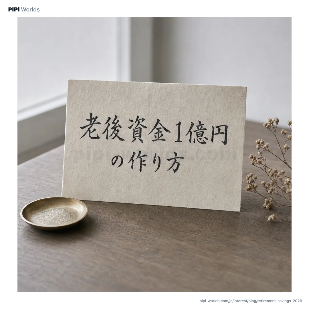 深い藍色とゴールドのグラデーション背景に PiPi マスコットと『老後 1億 4本立て』が大きく配置された日本市場向けカード。