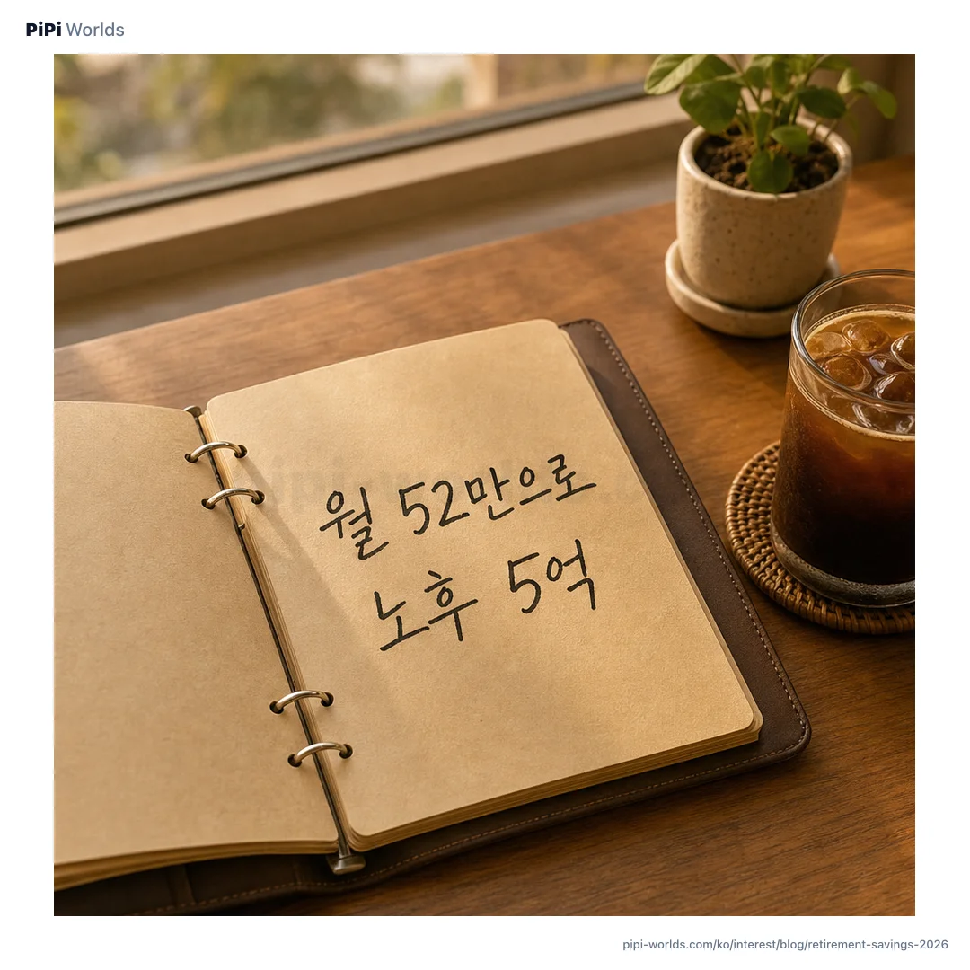 코랄·피치 그라디언트 배경 위에 PiPi 마스코트와 '노후 5억 4축 전략' 큰 글자가 놓인 한국 시장용 카드.