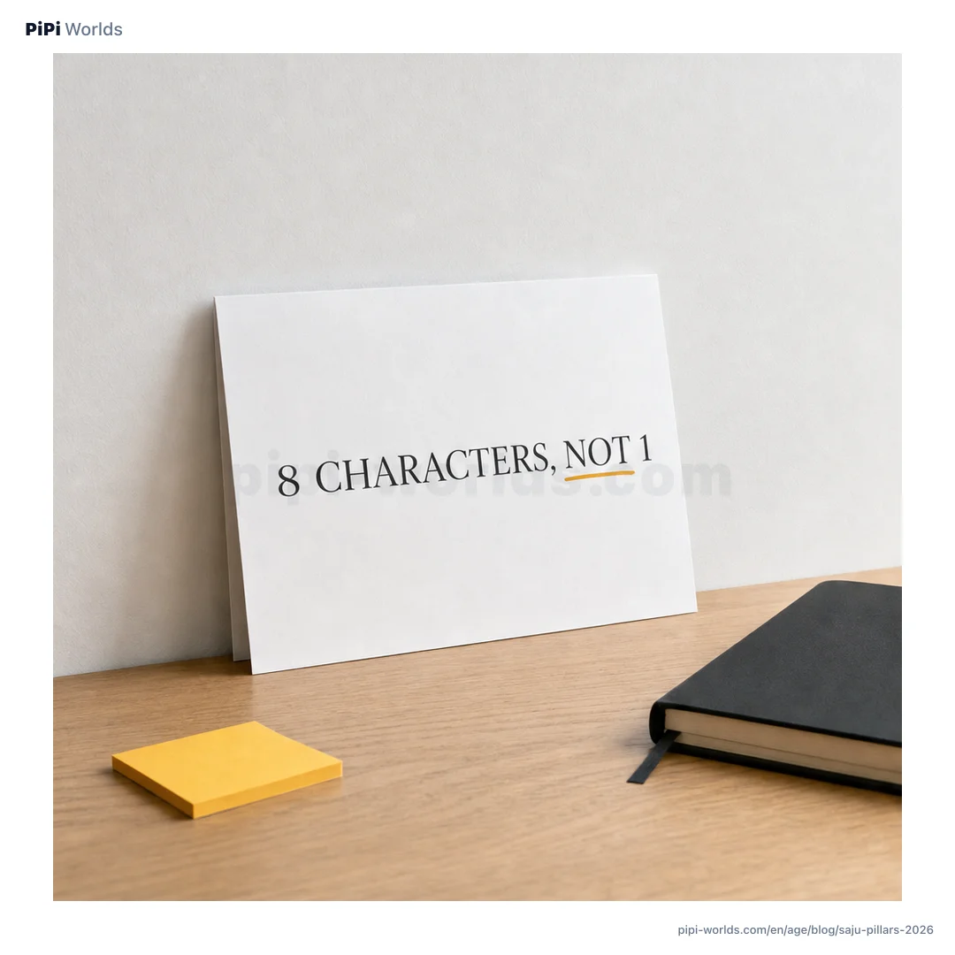Ink-and-gold gradient backdrop with the PiPi mascot and 'Four Pillars · 8 Characters' label, English market card.