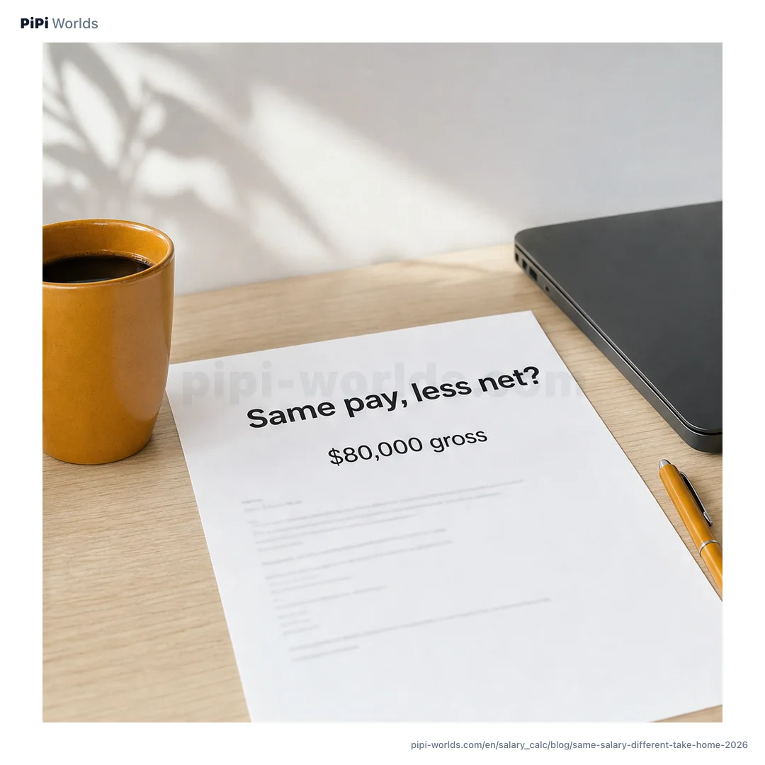 A mint and violet cover image with the words Same Salary Different Paycheck and comparison cards for filing status and state tax.