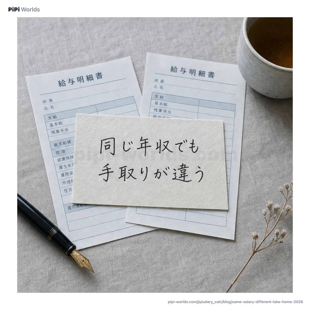 藍色の背景に同じ年収でも手取りが違うという大きな文字と、扶養、介護保険、都道府県の比較カードが並んだ日本市場向けの表紙画像。