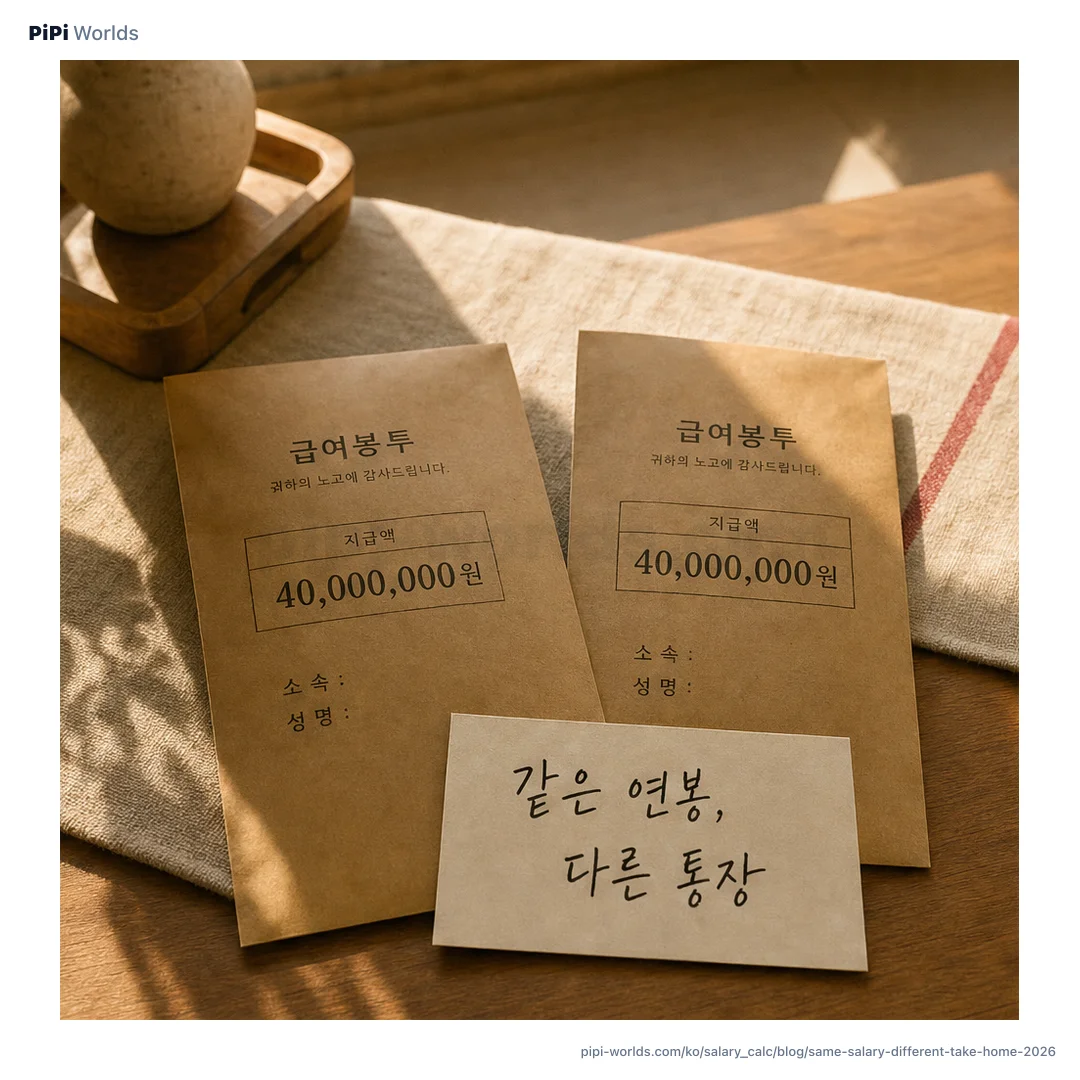 코랄빛 배경 위에 같은 연봉 다른 실수령액이라는 큰 글자와 부양가족, 식대 비교 카드가 놓인 한국 시장용 표지 이미지.
