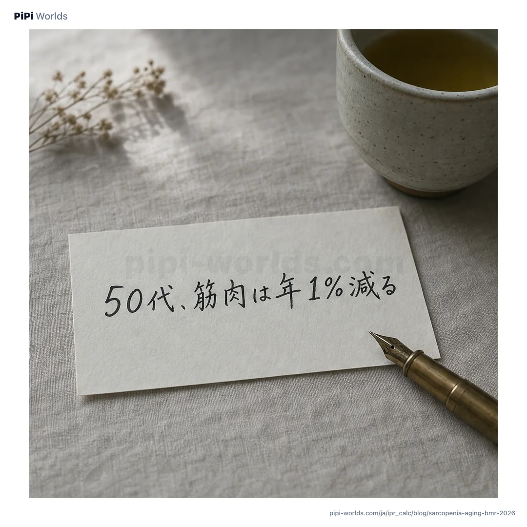 コーラルとゴールドのグラデーションにPiPiマスコットと「50代以降のBMRとサルコペニア」のタイトルが入った日本のシニア健康向けカード。